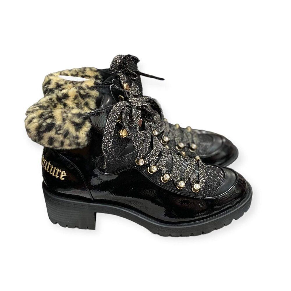 Winter Black Patent Leopard Collar Lace Up Hiking Combat Boots NEW